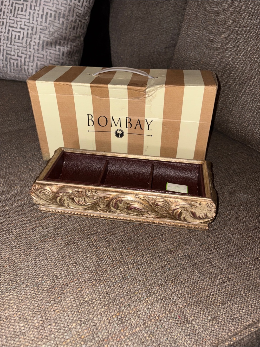 Vintage Bombay Gold Ornate Three-Compartment Valet Tray with Brown Interior BNWT